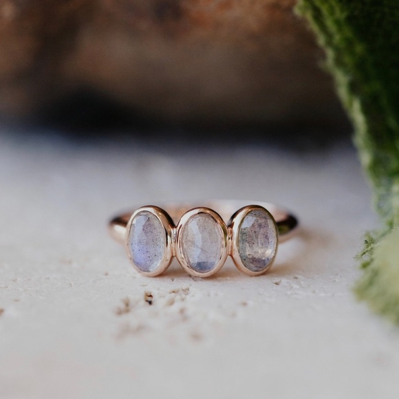 Genuine Natural Labradorite Triple Stone Sterling Silver 14k Gold Ring - Picture 2 of 5